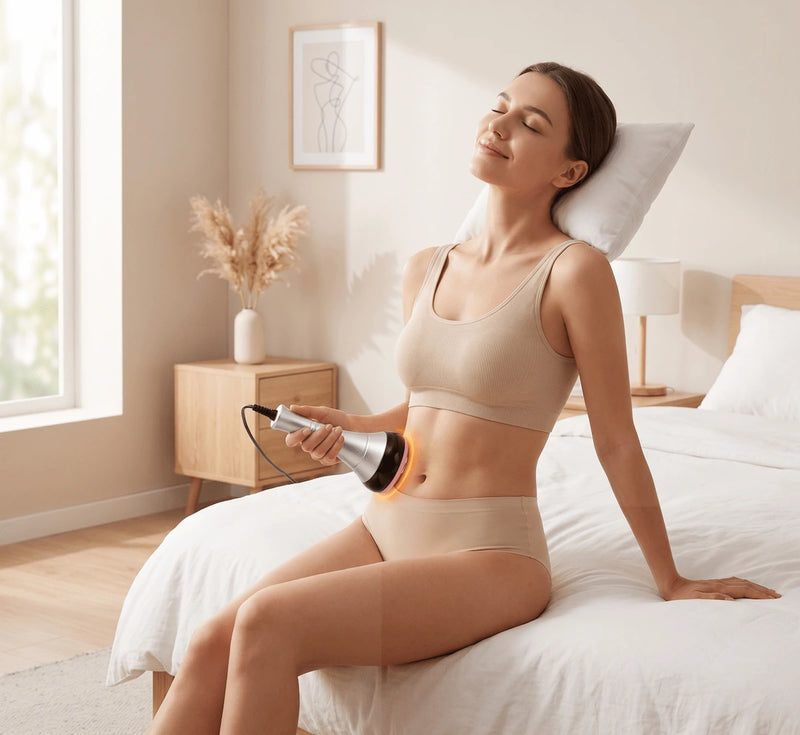 Woman beginning her home vacuum RF body contouring routine on her abdomen.