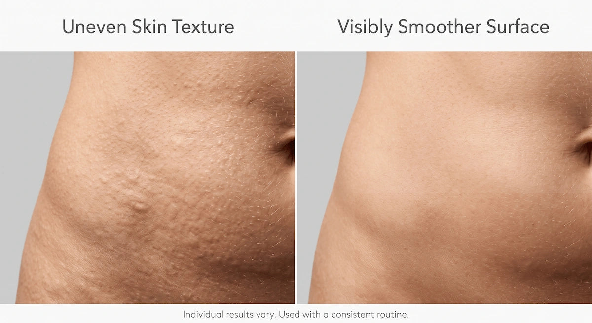 Close-up comparison of thigh skin texture before and after 12 weeks of vacuum RF body sculpting.