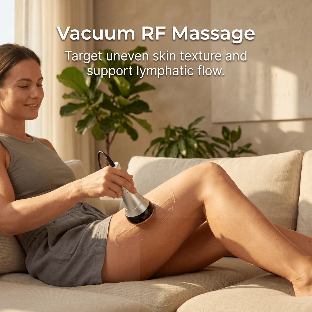 Woman performing a vacuum RF massage routine on her thighs at home to improve cellulite appearance.