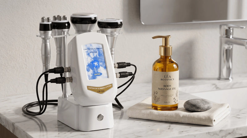 The 4-in-1 vacuum RF body sculpting system on a bathroom vanity for routine maintenance.