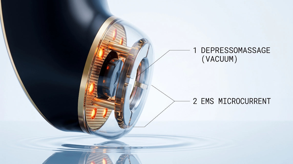 Close-up of the premium 4-in-1 EMS face massager highlighting the vacuum suction and microcurrent tech for lymphatic drainage.