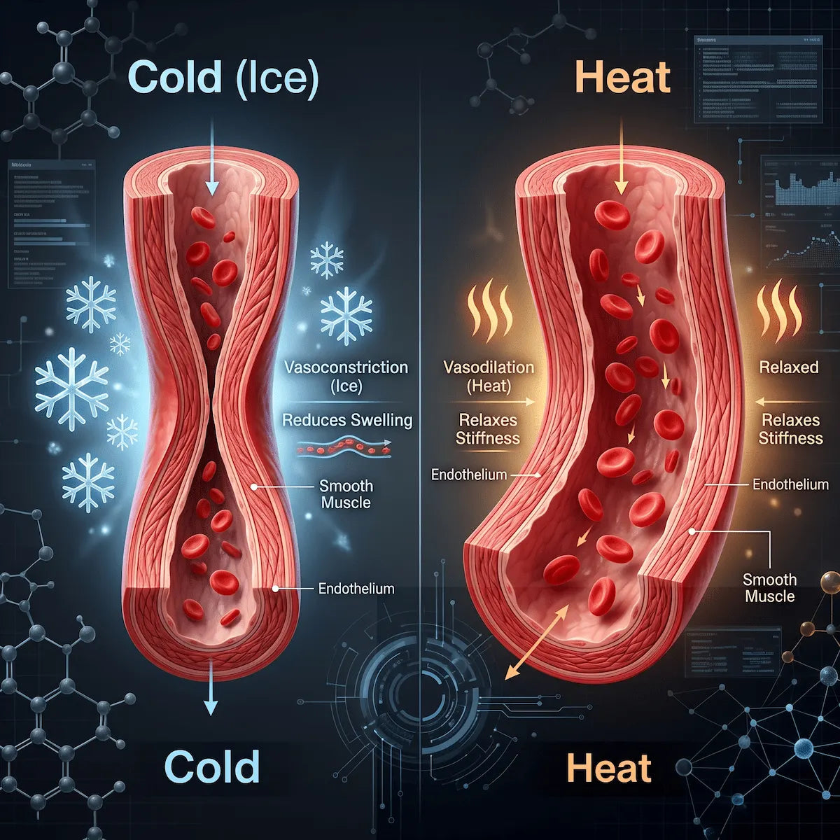 Medical illustration showing how ice constricts blood vessels to reduce swelling, while heat dilates them to loosen stiff joints.