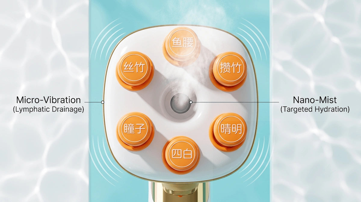 Close-up of the Elevaure eye massager device demonstrating its micro-vibration and hydrating nano-mist features.