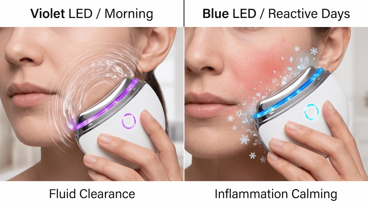 Comparison showing violet LED for morning lymphatic drainage and blue LED for calming skin inflammation and reactivity.