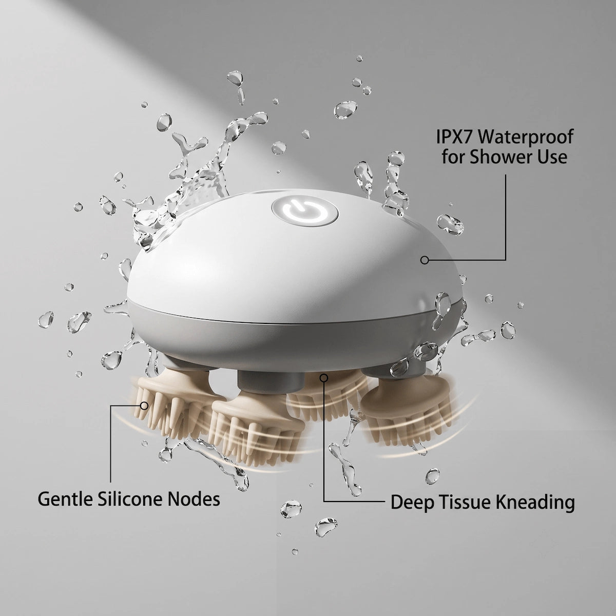 Close-up of the waterproof Elevaure electric scalp massager with gentle silicone nodes surrounded by water splashes.
