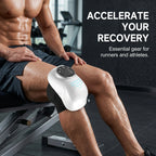 Person at the gym wearing the ELEVAURE wearable knee massager with vibration and heat after activity.