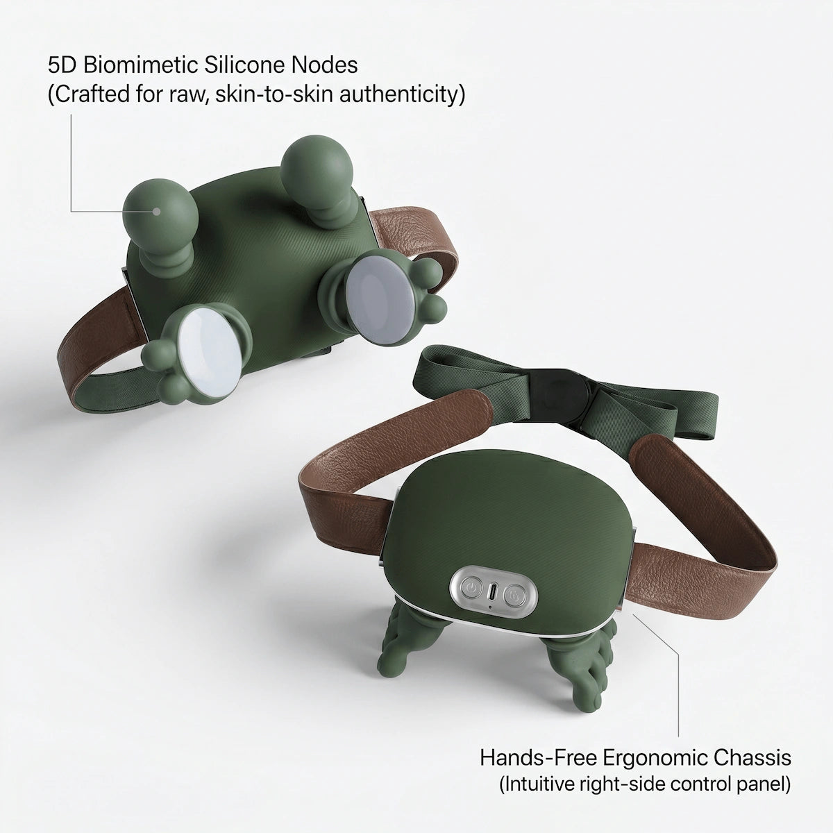 Top and bottom angles of the wearable neck massager highlighting the bionic silicone nodes and hands-free ergonomic chassis.