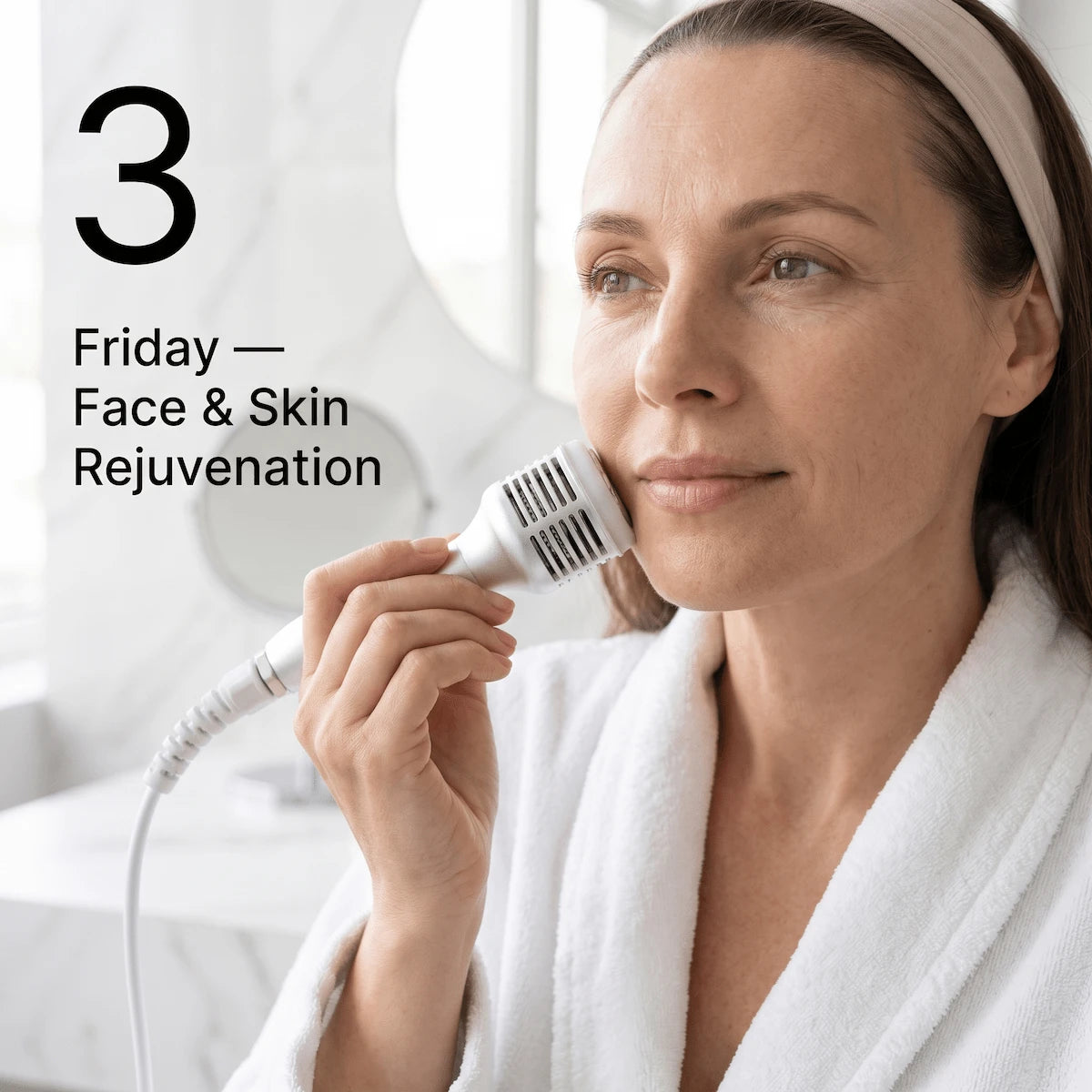 Applying Face RF and LED photon therapy for anti-aging and skin tightening.