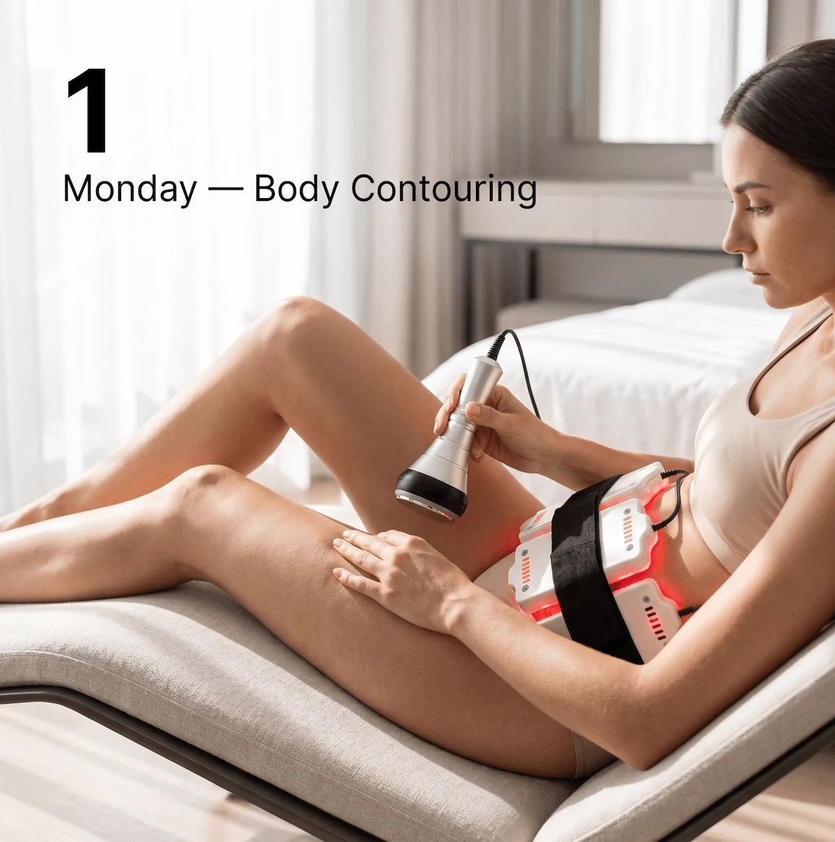 Woman using 40KHz cavitation handle and laser pads on abdomen for body contouring.