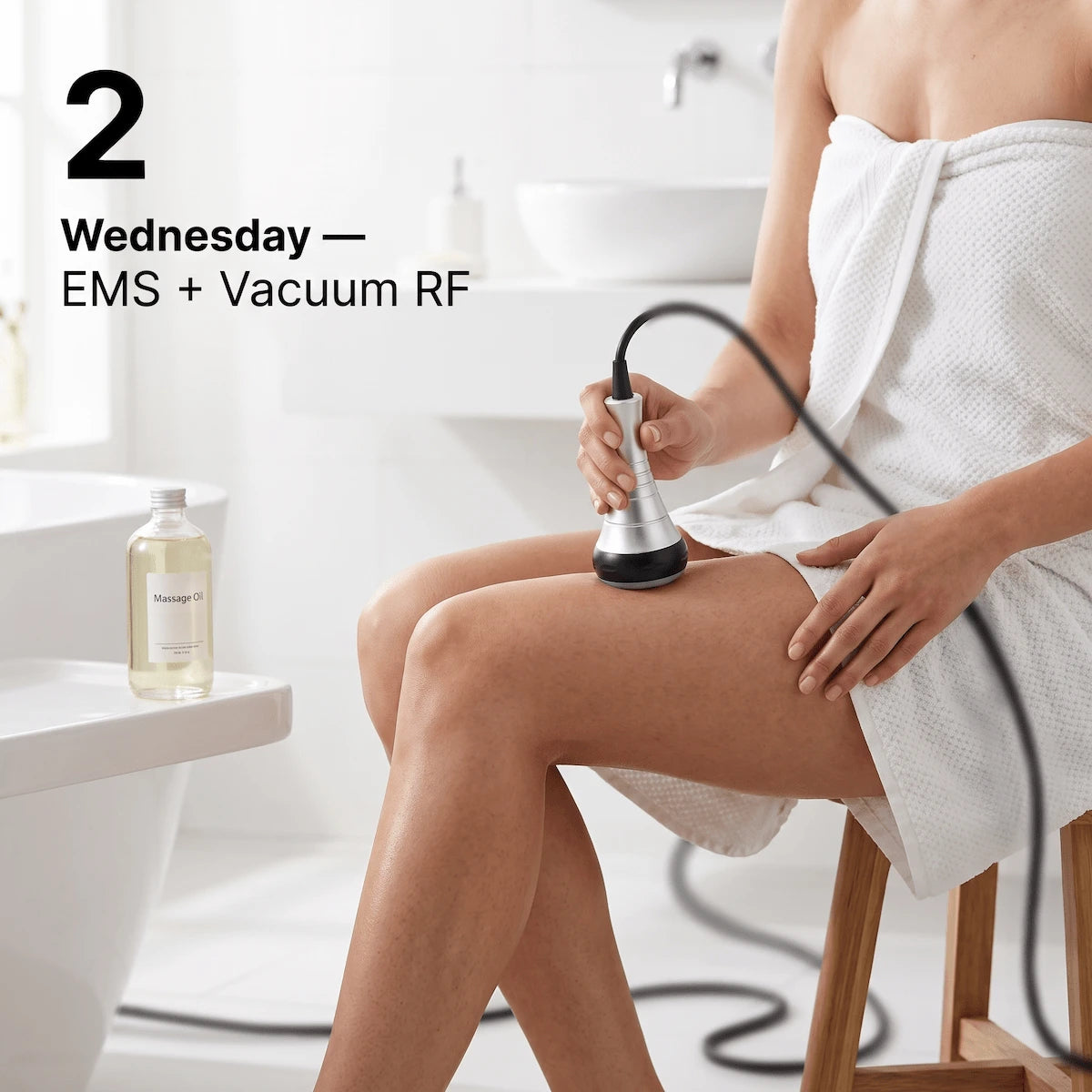 Using Elevaure vacuum RF handle on outer thigh with body oil — suction lifts skin to stretch fibrous septae while bipolar RF heats the dermis for collagen remodeling.