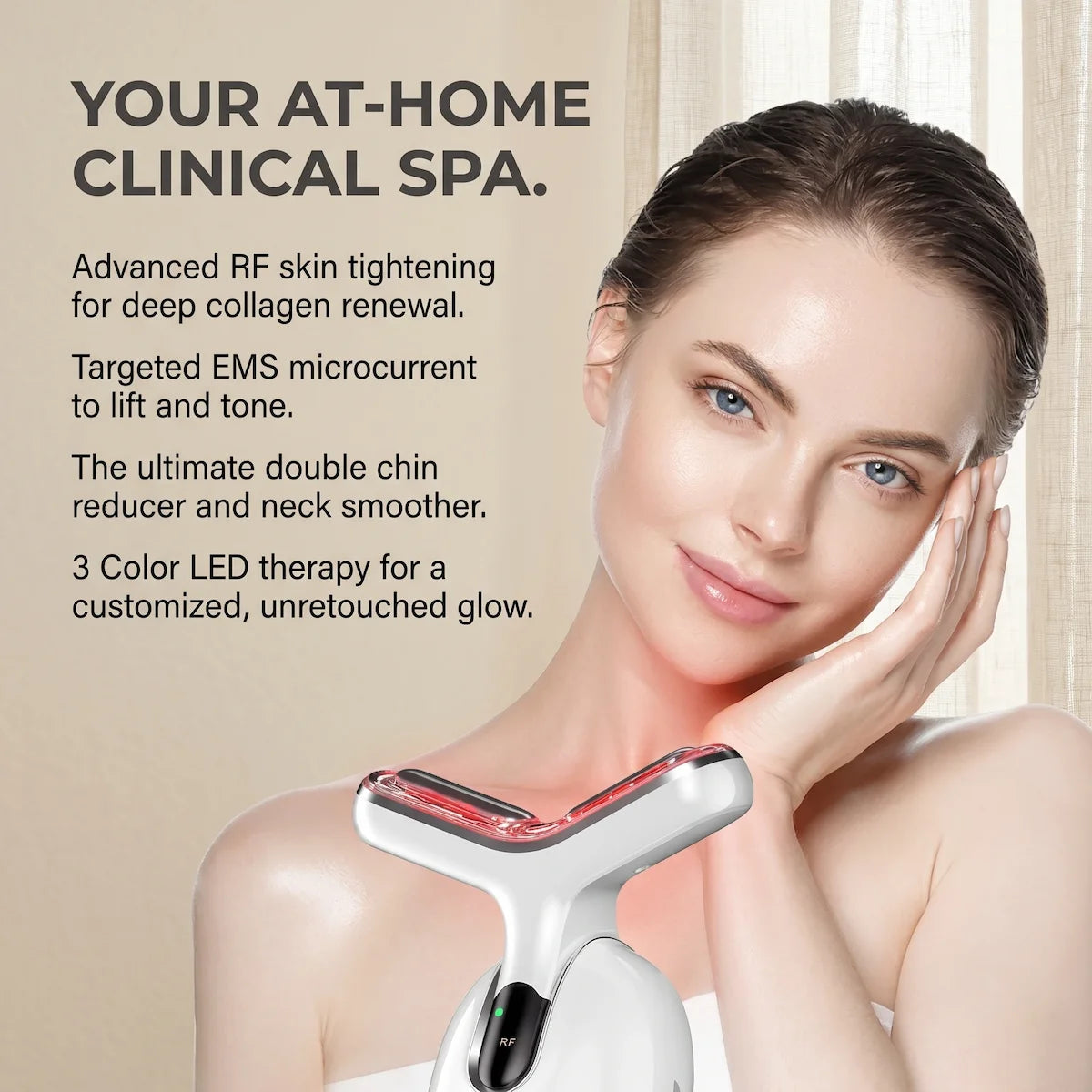 Confident woman enjoying her at home clinical spa routine using the neck firming device to tone her jawline in soft natural light.