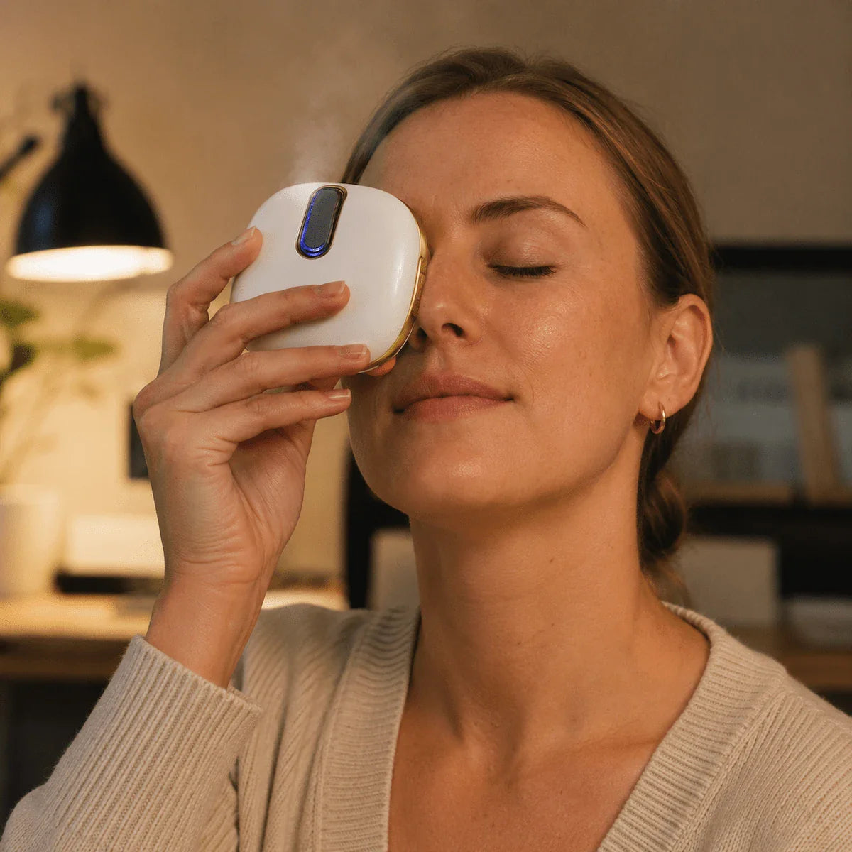 Woman using the Elevaure handheld eye massager for targeted periocular care.