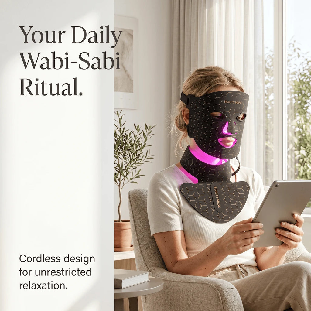 A woman relaxing at home while wearing the flexible Elevaure LED phototherapy mask and chest attachment, showcasing real skin texture.