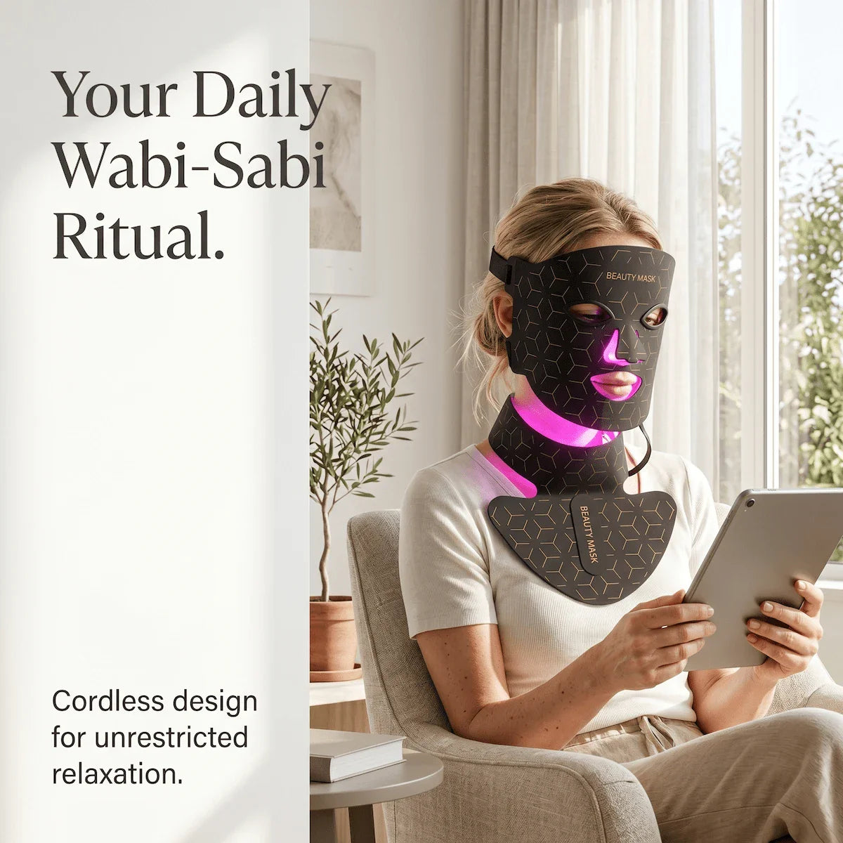 A woman relaxing at home while wearing the flexible Elevaure LED phototherapy mask and chest attachment, showcasing real skin texture.