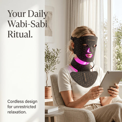 A woman relaxing at home while wearing the flexible Elevaure LED phototherapy mask and chest attachment, showcasing real skin texture.