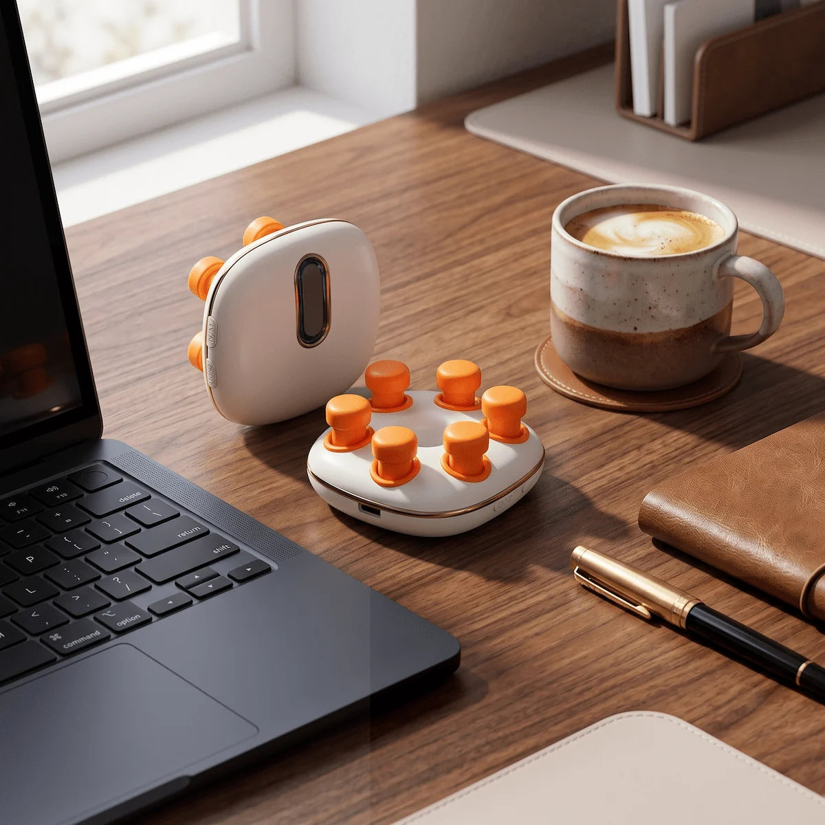 A compact, portable eye massager sitting on a modern work-from-home desk setup, ready for a quick screen-time break.