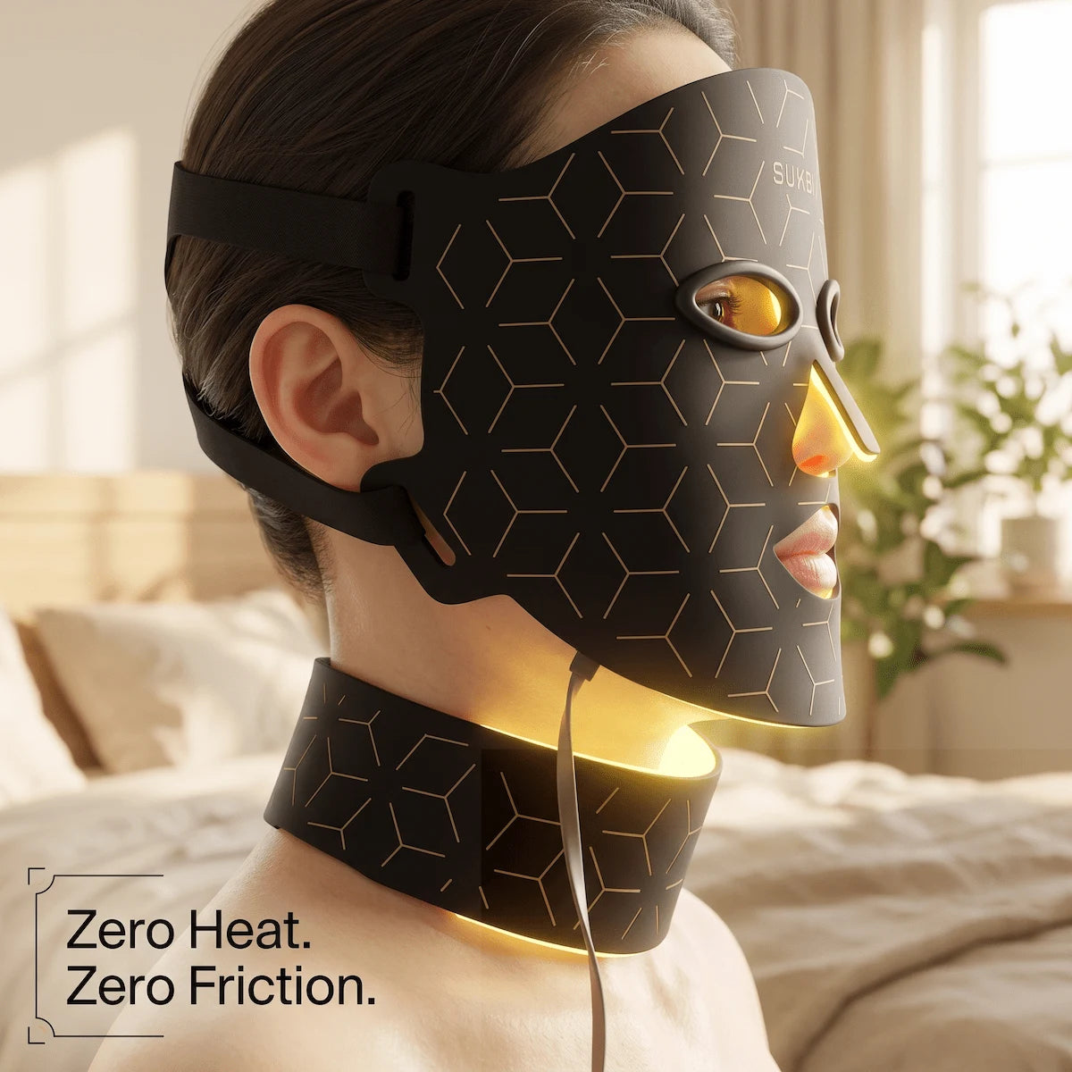 Gentle yellow LED light therapy being safely used on sensitive skin with no heat or friction.