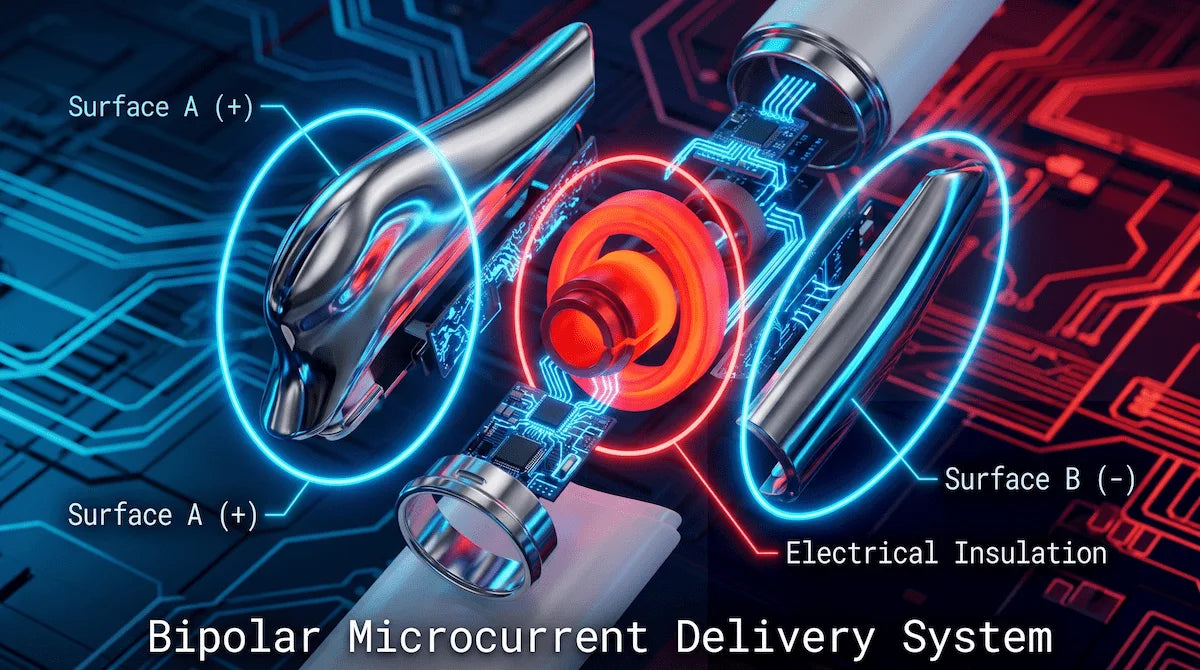 Close up of the Elevaure electric scraper's zinc alloy dual blades and electrical insulation zone for microcurrent delivery.