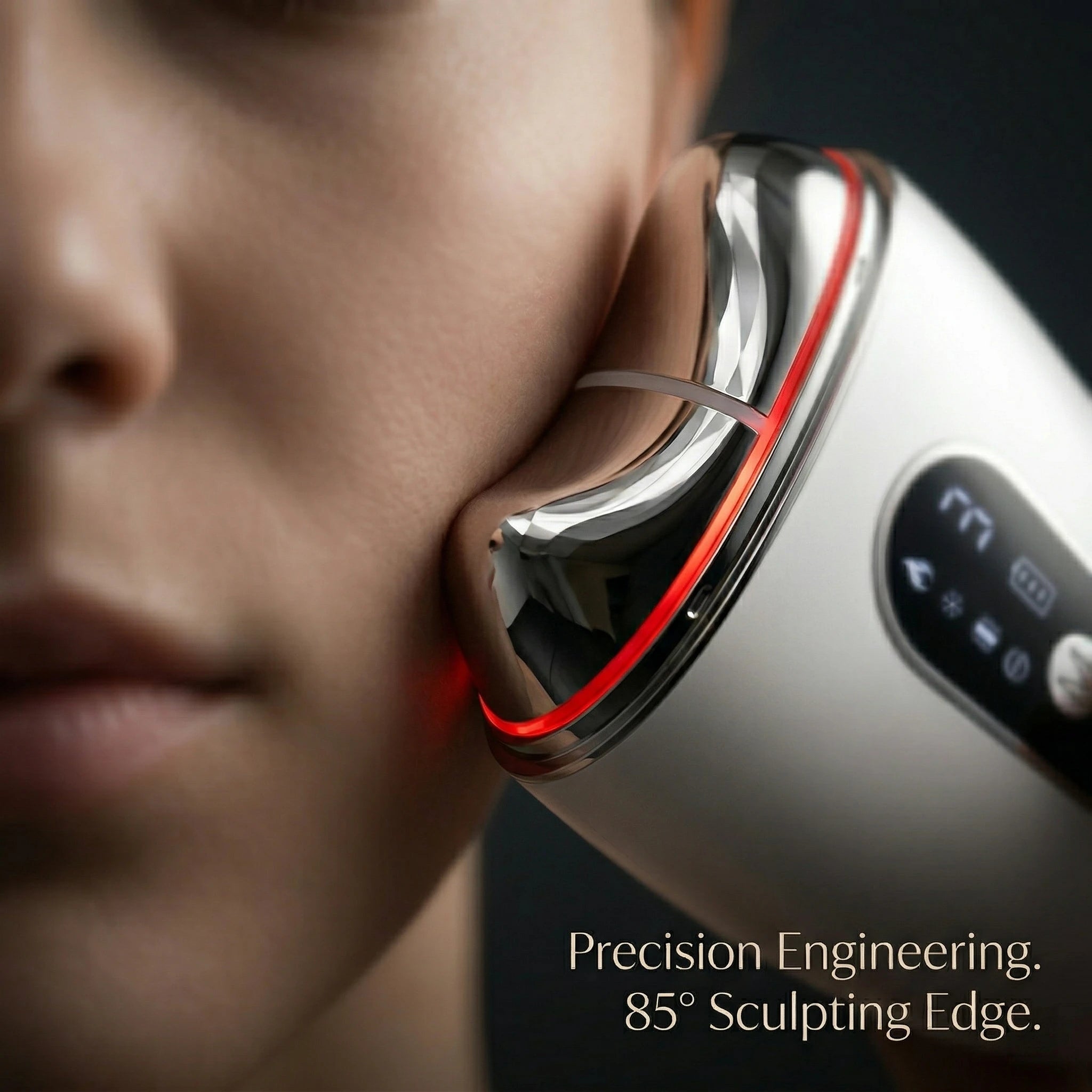 Close-up of the 85-degree zinc alloy contouring edge of the Elevaure sculptor resting on a cheekbone.